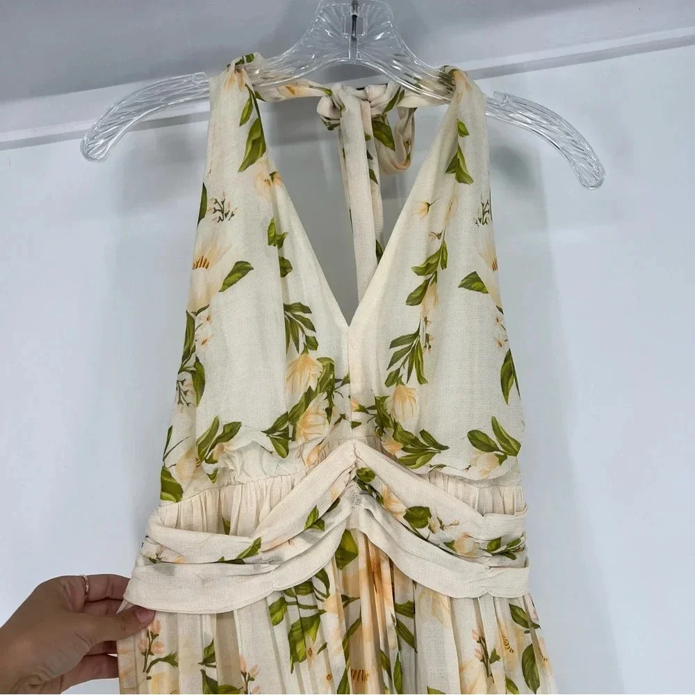 Farm Rio Cream Floral Boho V Neck Tie Back Adjustable Halter Maxi Dress Gown M - Picture 5 of 12